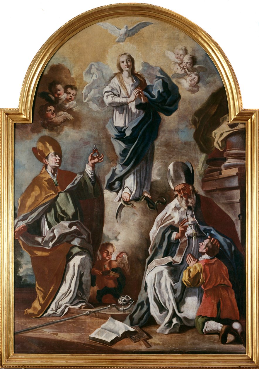 La paloma del Espíritu Santo aparece sobre la Virgen con santos de Francesco Solimena
