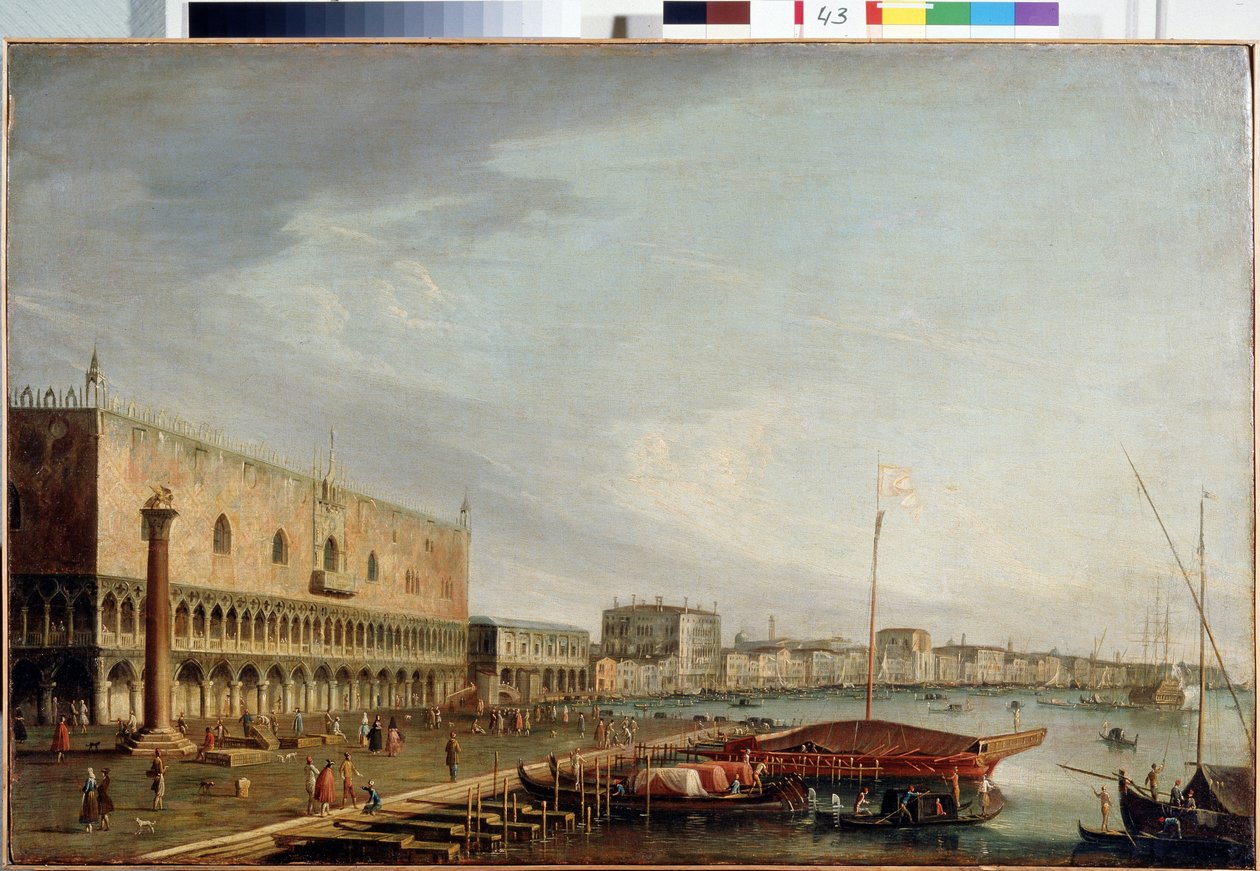 Vista de la Plaza de San Marcos (Piazzetta) con el Palacio Ducal de Venecia (Vista de la Plaza de San Marcos con el Palacio Ducal de Venecia). Pintura de Francesco Tironi (1745-1797). Óleo sobre lienzo, 73 x 111 cm. Arte veneciano del siglo XVIII. Museo Es de Francesco Tironi