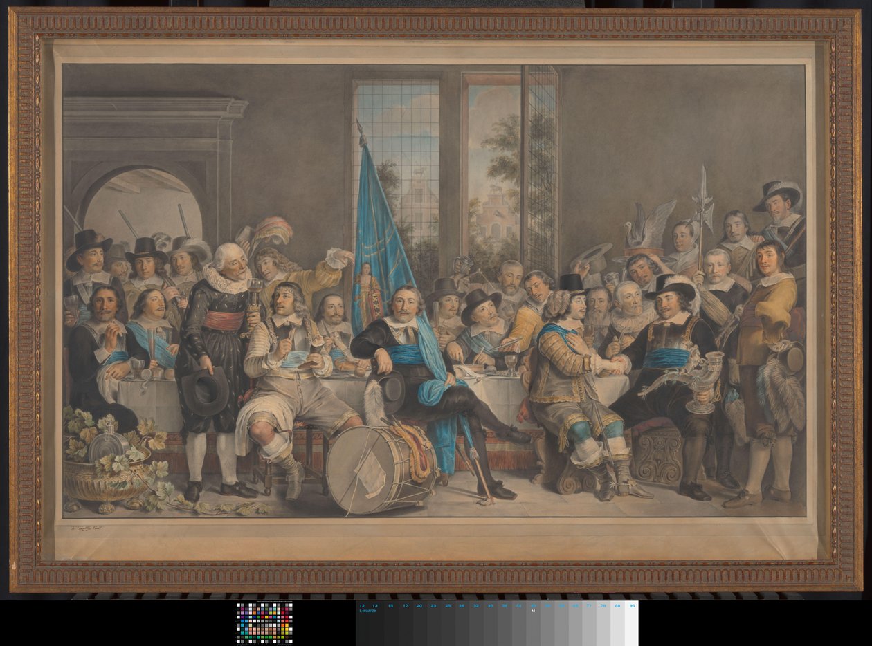 Comida de arqueros en los objetivos de Voetboog (San Joris) en Ámsterdam, celebrando la conclusión de la Paz de Munster, 18 de junio de 1648 de Francesco Tozelli (signed by artist)