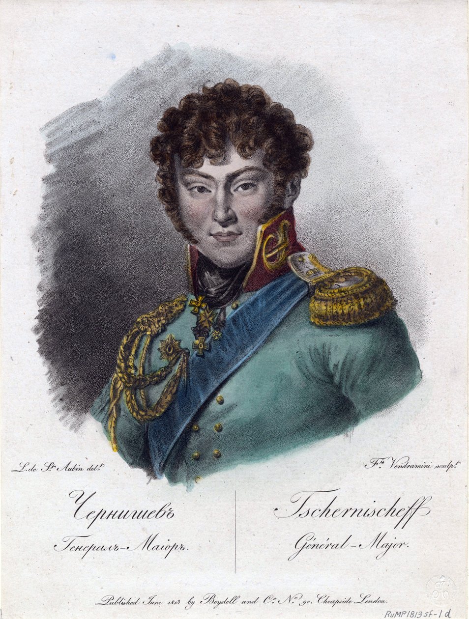 Retrato del Conde Alexander Ivanovich Chernyshov (Príncipe Alexandre Ivanovitch Tchernychev ou Tchernychiov ou Czernichev) (1786-1857) - Vendramini, Francesco (1780-1856) - 1813 - Aguafuerte, acuarela - 24,2x18,2 - Colección particular de Francesco Vendramini