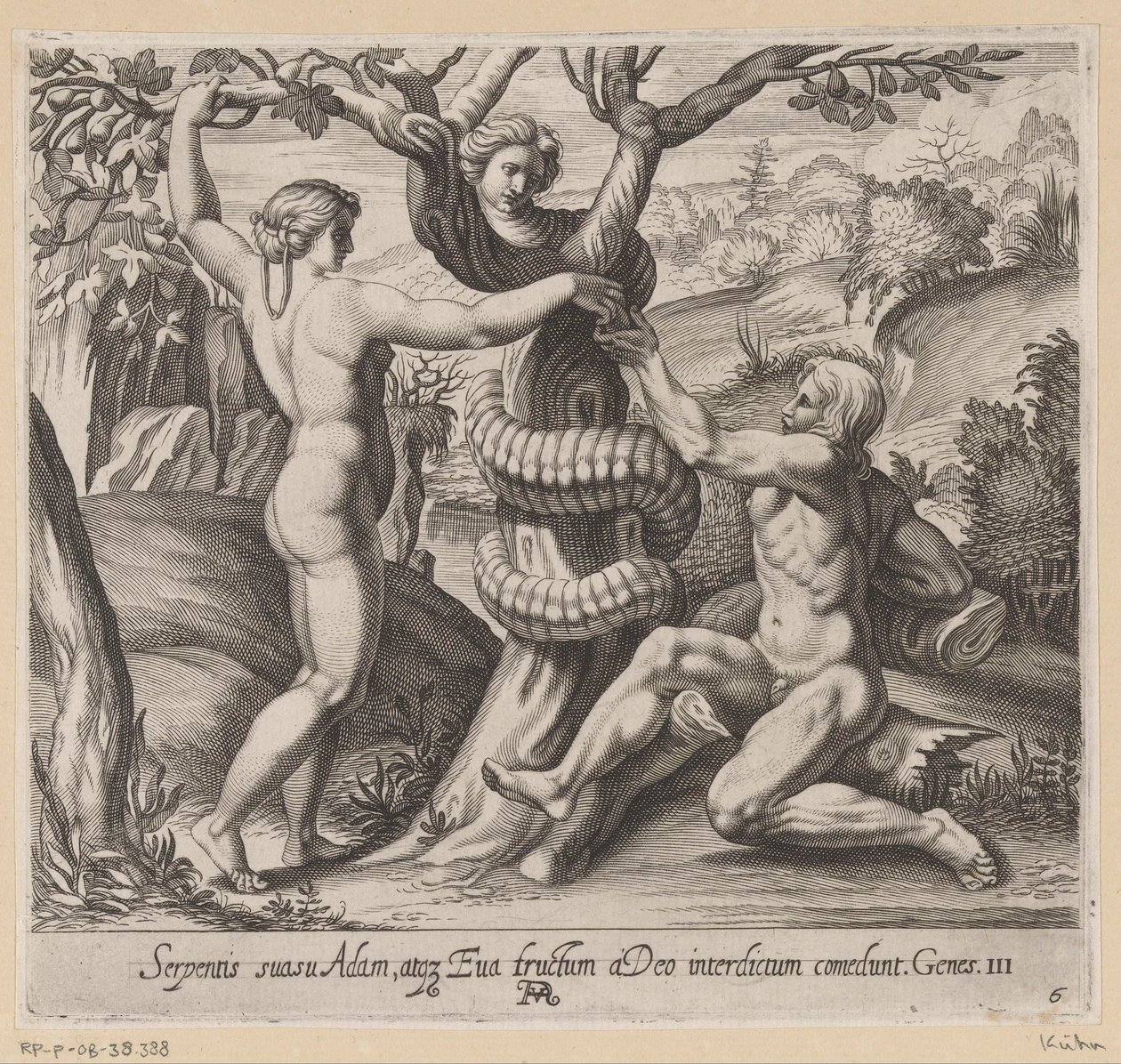 Eva le ofrece a Adán el fruto prohibido Pinturas en la Logia de Rafael (título de la serie) La Sacra Genesi (título de la serie) de Francesco Villamena