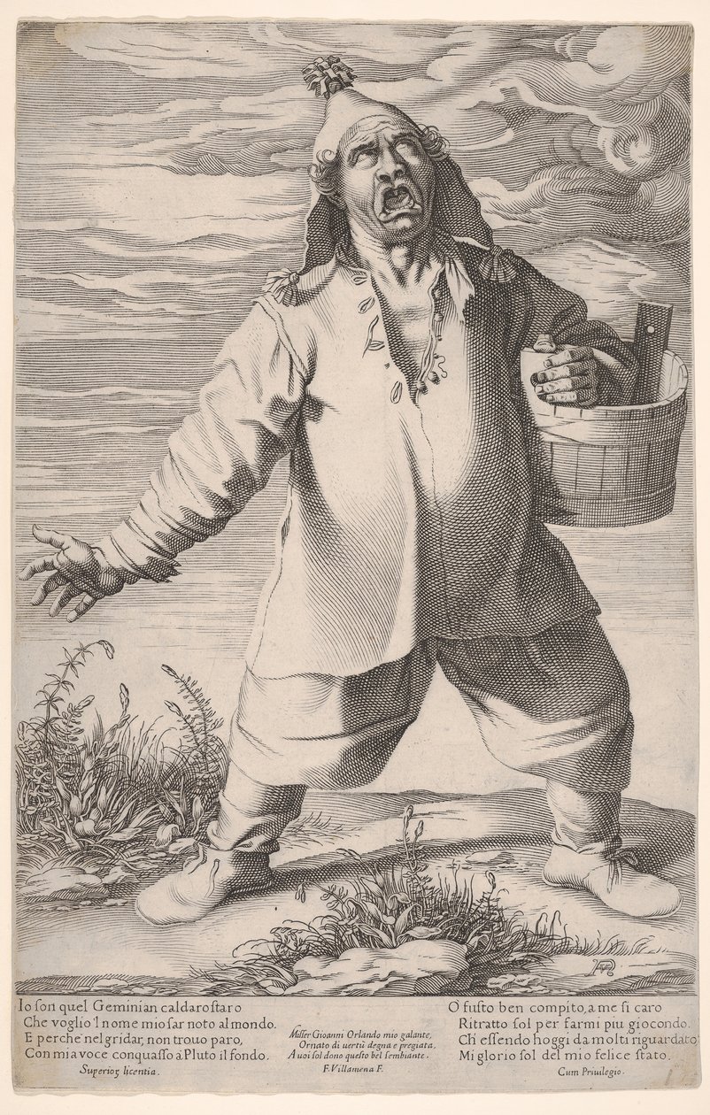 Geminiano Caldarostaro gritando y sosteniendo una tina, con un sombrero con borlas, ca. 1597-1601 de Francesco Villamena