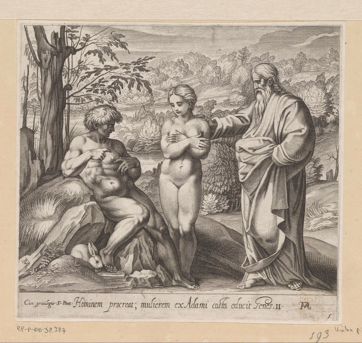 Dios crea al hombre y a la mujer Pinturas en la Logia de Rafael (título de la serie) La Sacra Genesi (título de la serie) de Francesco Villamena