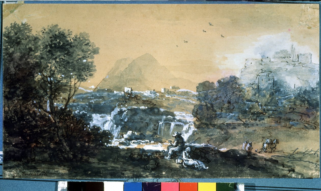 Paisaje con una cascada. Dibujo de Francesco Zuccarelli (1702-1788). Acuarela y tinta sobre papel de Francesco Zuccarelli