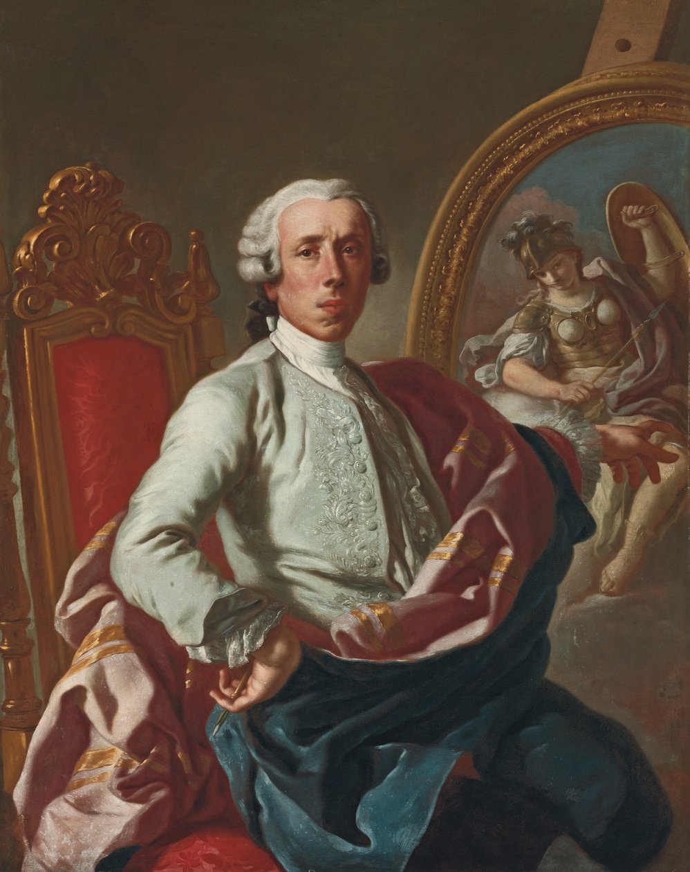 Retrato del artista, tres cuartos de longitud, sentado, sosteniendo un lápiz, en un caballete con una imagen de Minerva de Francesco de Mura