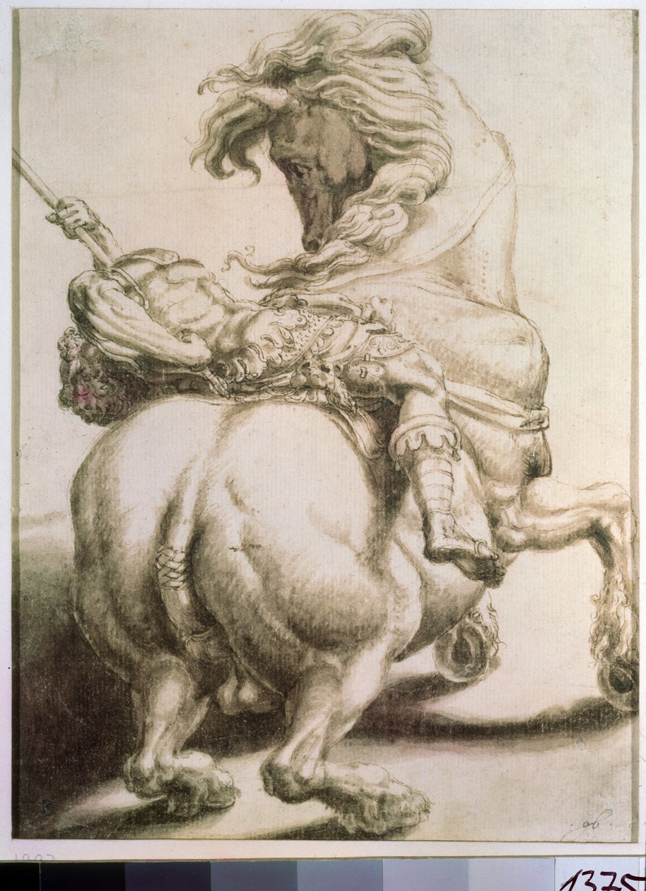 Jinete atravesado por una lanza. Dibujo de Francesco de Rossi (1510-1563). Grisalla sobre papel, 20 x 15 cm de Francesco de Rossi Salviati