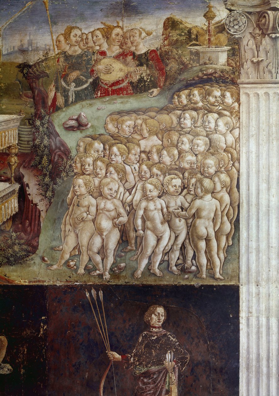 Alegoría del mes de mayo, (detalle) del triunfo de Apolo, niños desnudos y nueve musas. Fresco de Francesco del Cossa, Palacio Schifanoia, Salone dei Mesi, Ferrara de Francesco del Cossa