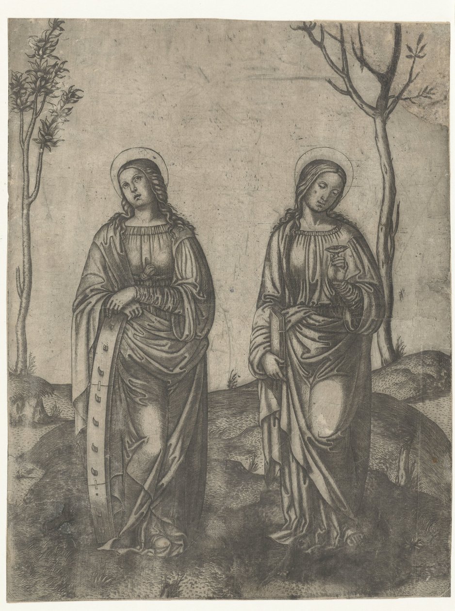 Santa Catalina con una rueda rota y Lucía con los ojos en un plato de Francesco di Francia (attributed to)