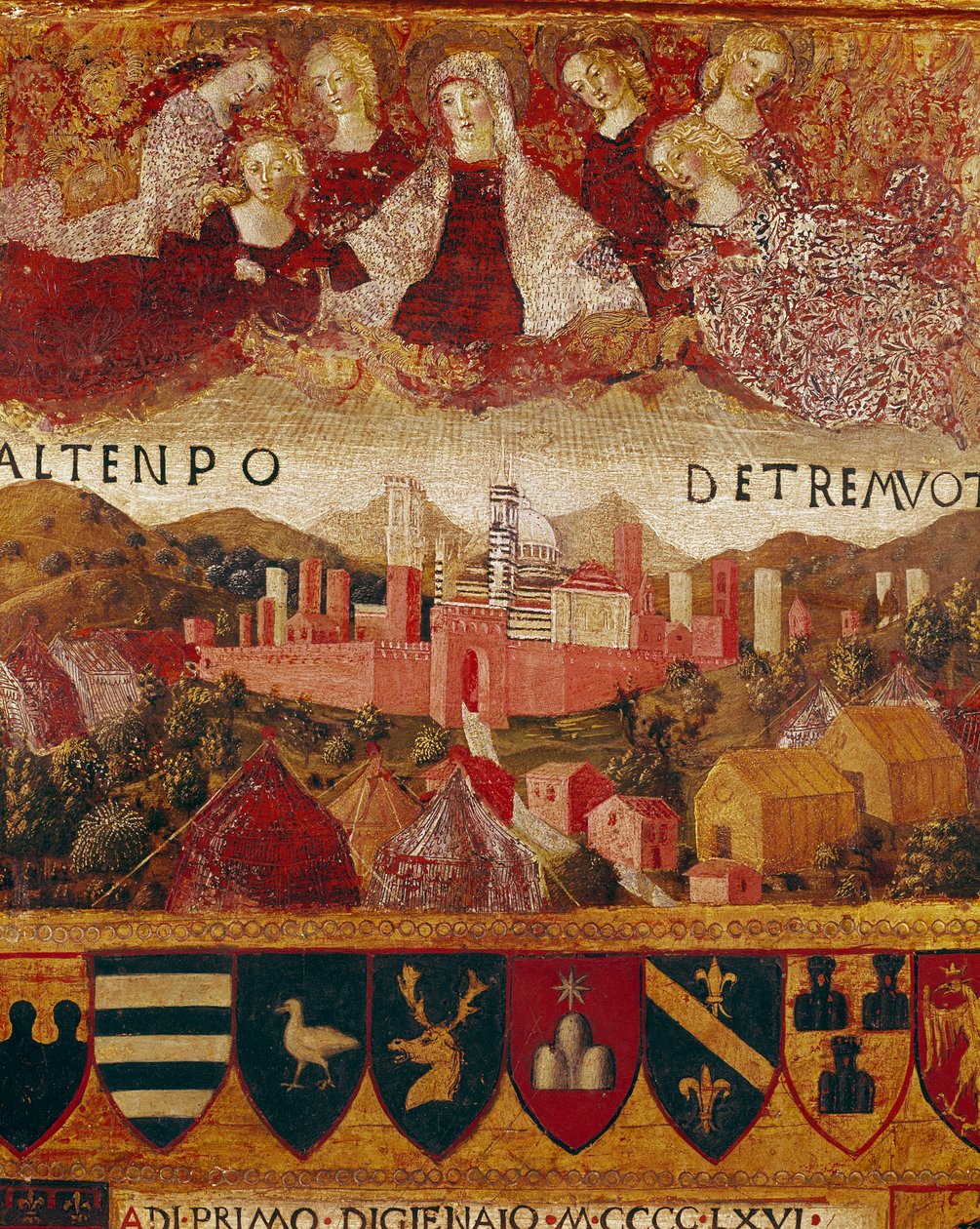 Ex voto (o ex voto): "La Virgen María protegiendo la ciudad de Siena en la época de los terremotos de 1466-1467" Detalle. Pintura en madera de Francesco di Giorgio Martini (1439-1502) que decora una Biccherna (tapa del registro contable de la ciudad de Si de Francesco di Giorgio Martini