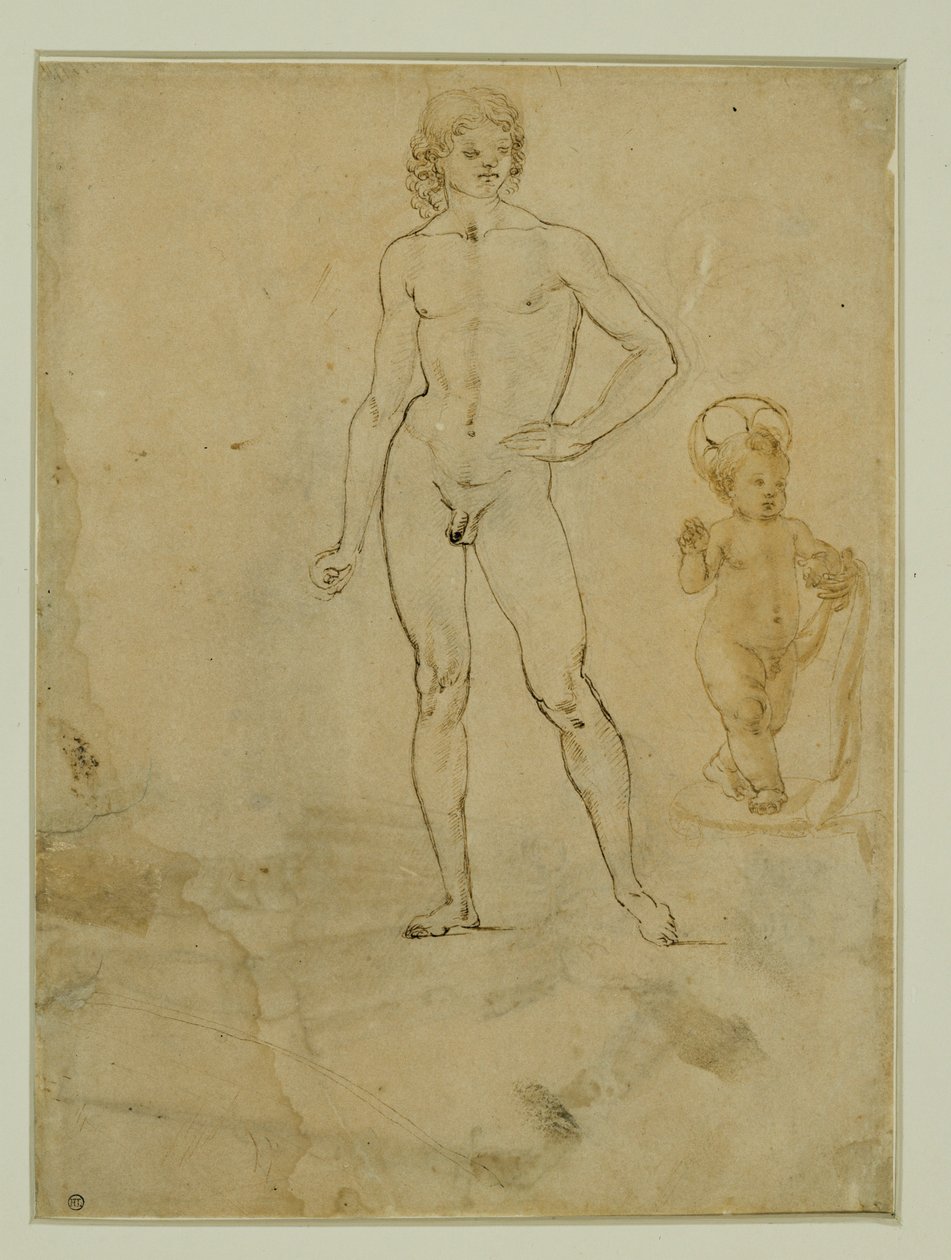 Un joven desnudo, de pie; el niño Jesús; retrato femenino vuelto hacia la derecha ... de Francesco di Simone (attr. to)