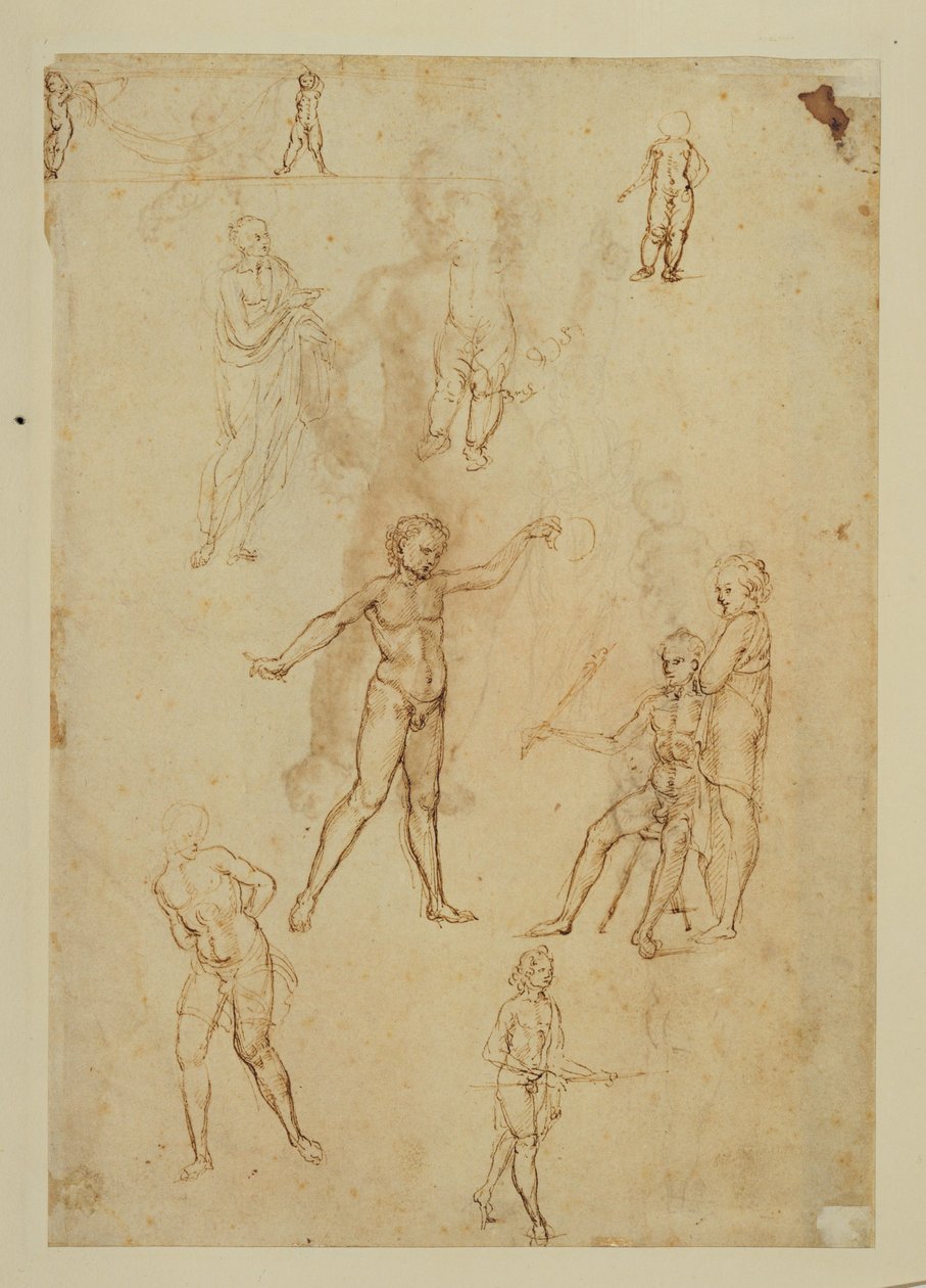Estudios de figuras. Pluma y tinta marrón, plumín metálico Papel de color rosa ... de Francesco di Simone (attr. to)
