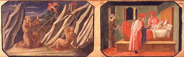 San Francisco de Asís recibiendo los estigmas, SS. Cosme y Damián curando a un hombre enfermo; copias de paneles originales que forman parte de la Predela de la Madonna y el Niño en el Trono de Filippo Lippi de Francesco di Stefano Pesellino
