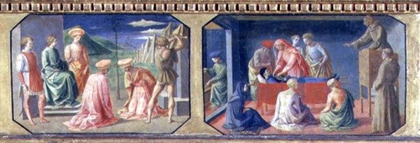 El Martirio de SS. Cosme y Damián, San Antonio de Padua encontrando el Corazón del Avaro; dos paneles de la predela de la Madonna y el Niño en el Trono de Filippo Lippi de Francesco di Stefano Pesellino