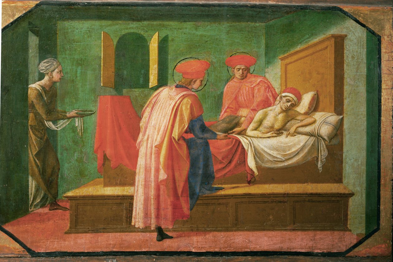 San Cosme y San Damián atendiendo a un enfermo ... de Francesco di Stefano Pesellino