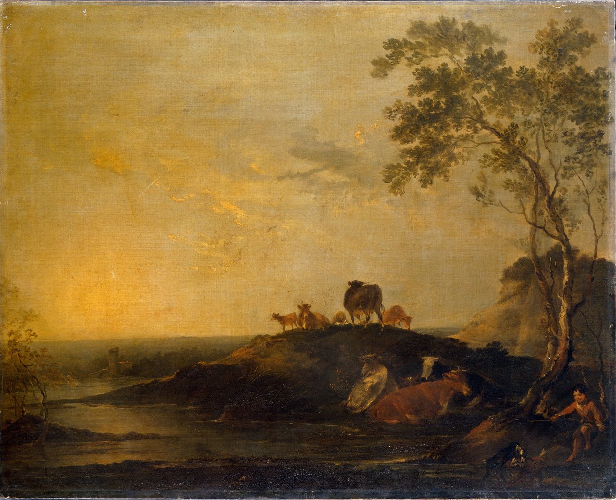 Paisaje con ganado Vacas en un montículo junto a un arroyo de Francis Bourgeois