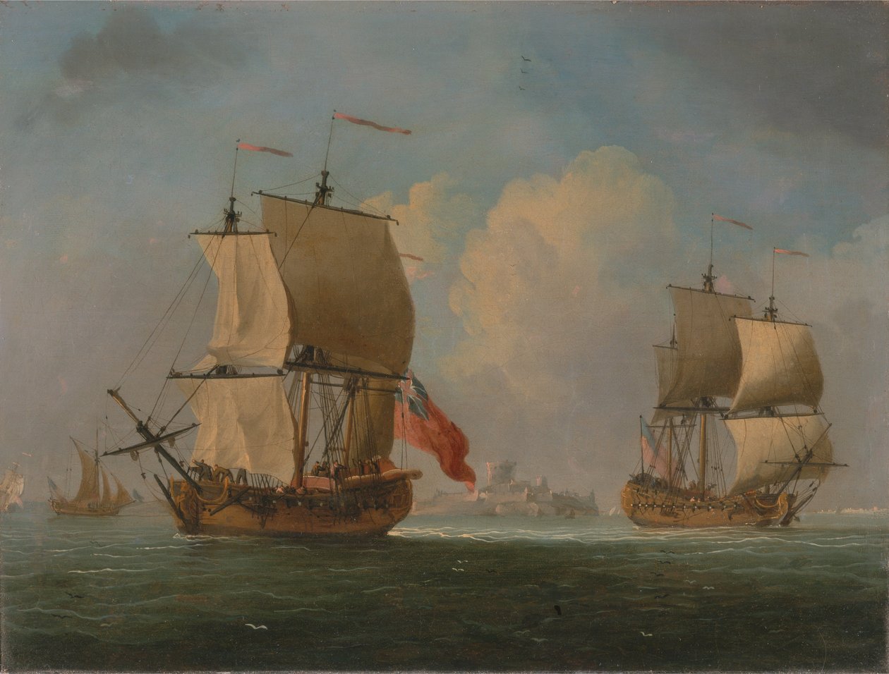Un Sloop Inglés y una Fragata en una Brisa Ligera de Francis Swaine