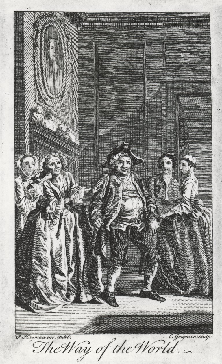 Escena de The Way of the World, de William Congreve (1670-1729), grabado por Charles Grignon a partir de un dibujo de Francis Hayman en Lincoln