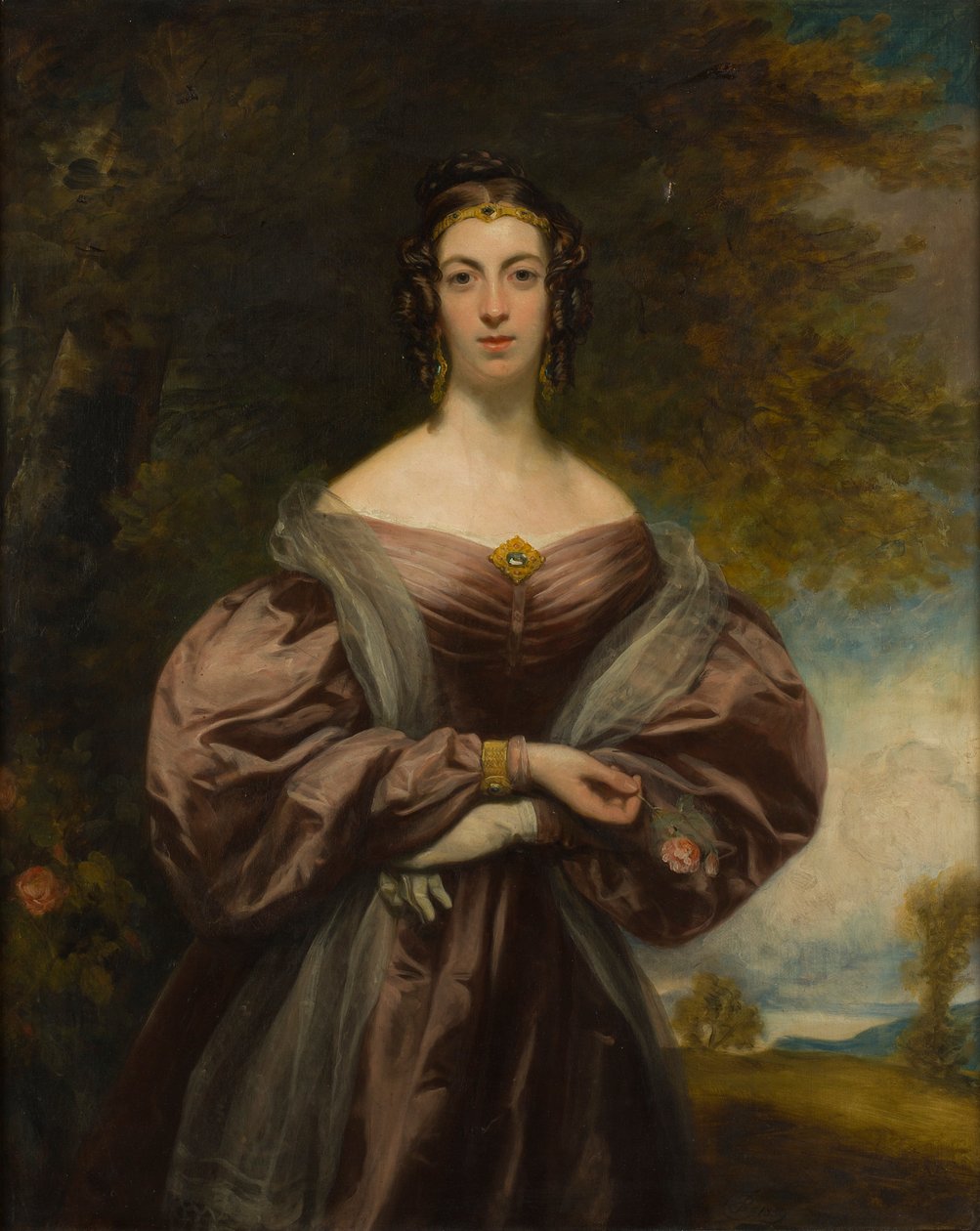 Retrato de tres cuartos de Jessie Duff sosteniendo una rosa (óleo sobre lienzo) de Francis (follower of) Grant