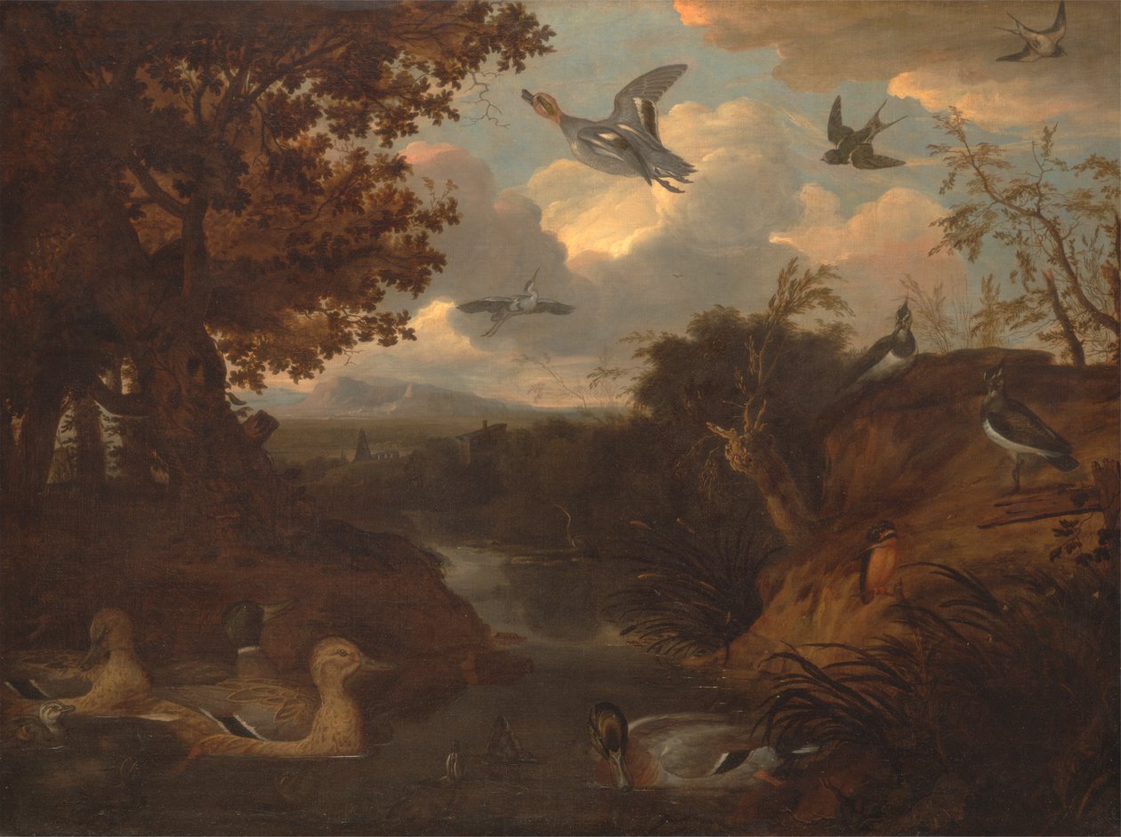 Patos y otras aves en torno a un arroyo en un paisaje italianizante de Francis Barlow