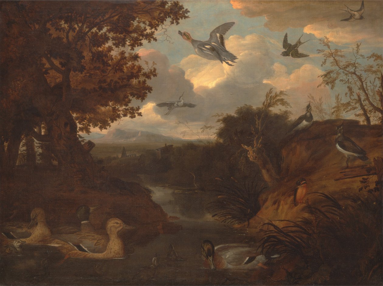 Patos y otras aves en torno a un arroyo en un paisaje italianizante de Francis Barlow