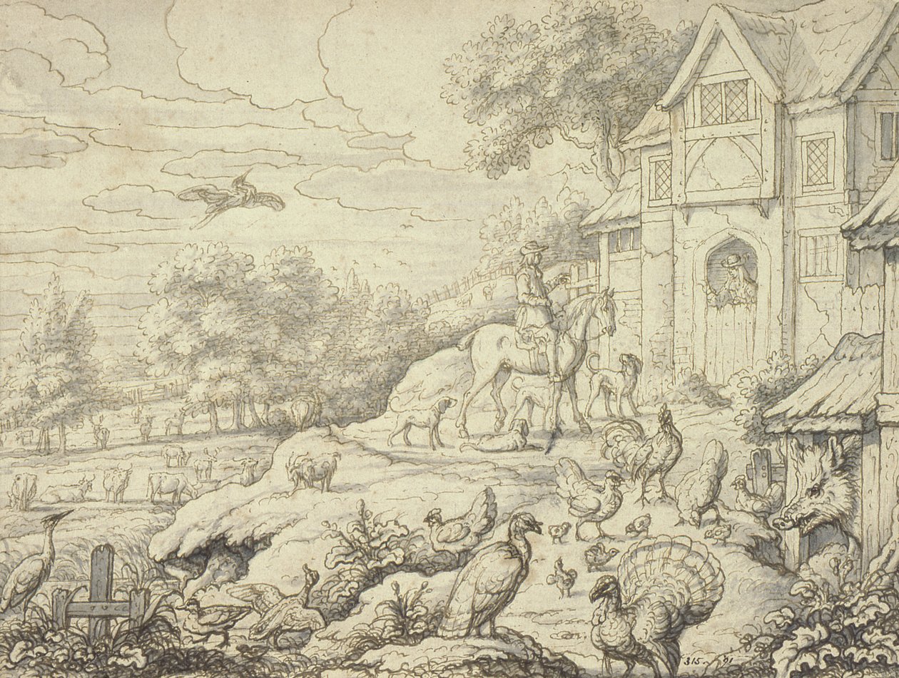 Patio de granja, con figuras y fondo de paisaje de Francis Barlow