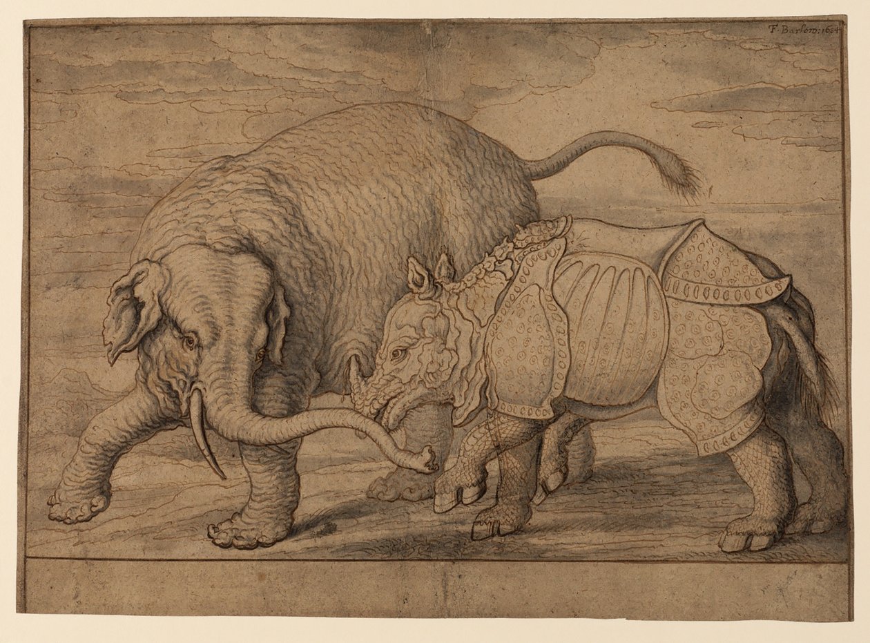 Lucha entre un elefante y un rinoceronte de Francis Barlow