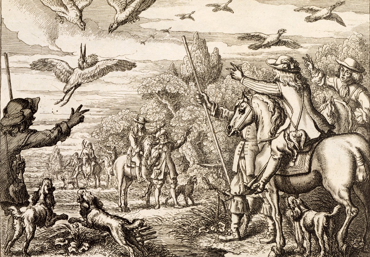 Cetrería de garzas, grabado por Wenceslaus Hollar, 1671 de Francis Barlow