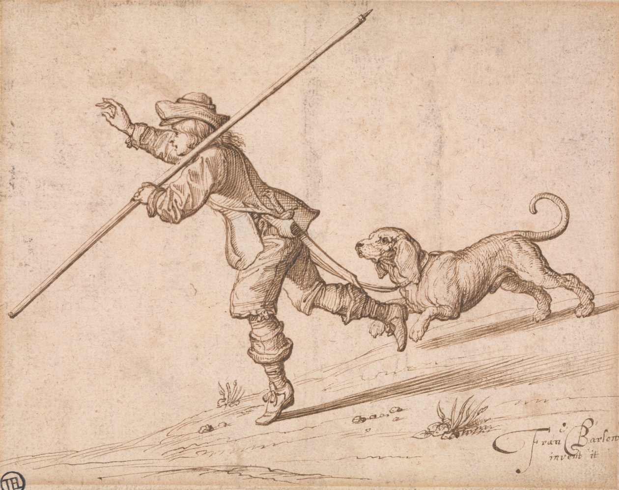 Hombre cazando con un bastón puntiagudo y un sabueso de Francis Barlow