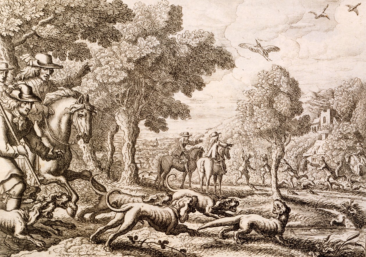 Caza de nutrias junto a un río, grabado por Wenceslaus Hollar, 1671 de Francis Barlow