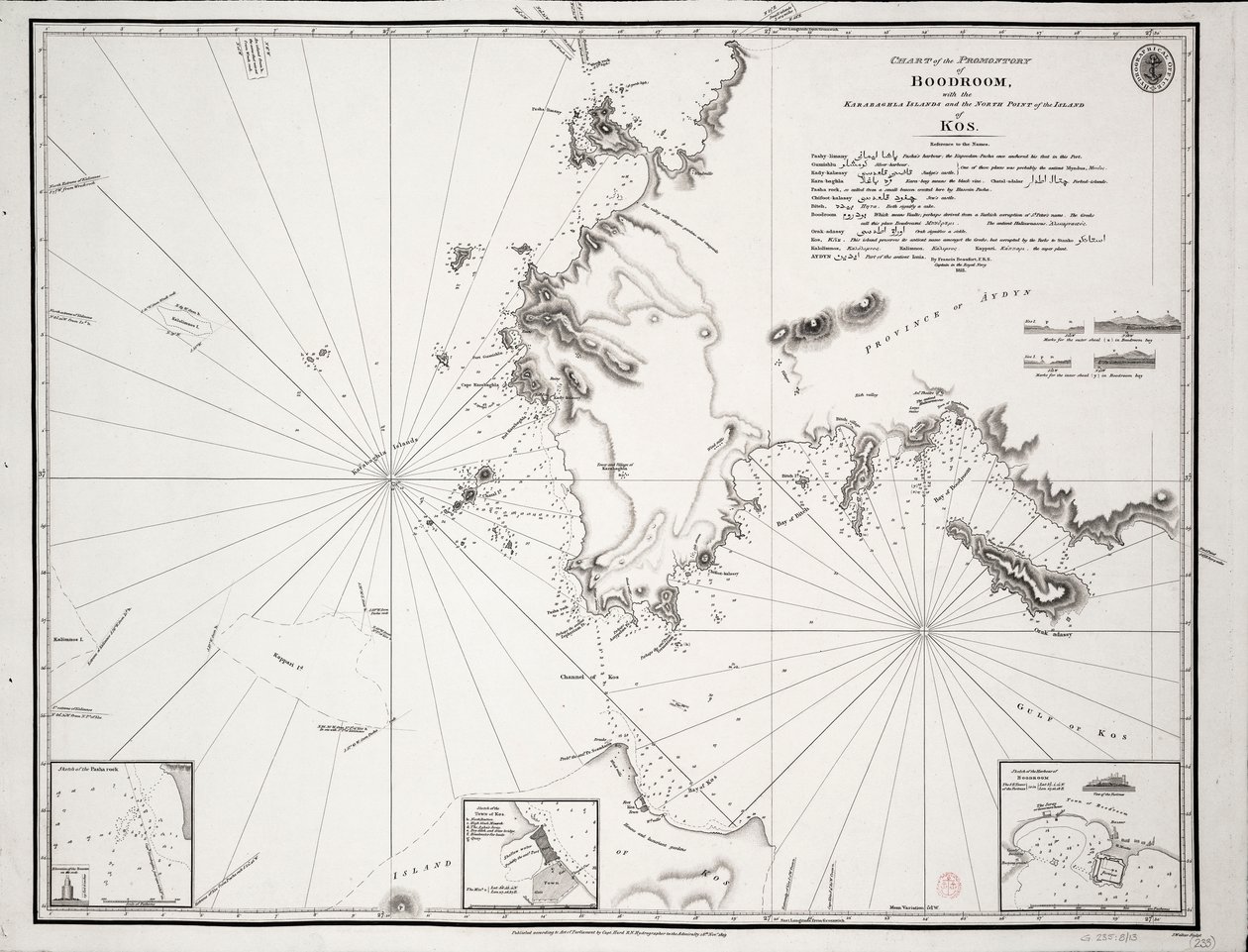 Carta del promontorio de Boodroom con las islas Karabaghla y la punta norte de la isla de Kos ... por Francis Beaufort F.R.S. ... 1811 de Francis Beaufort