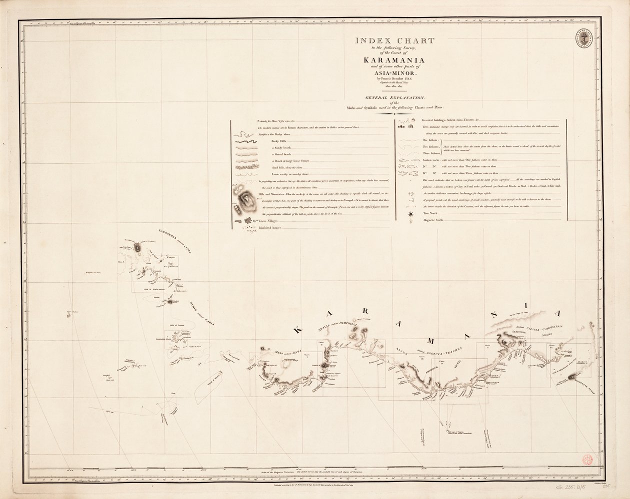 Carta índice del siguiente estudio de la costa de Karamania de Francis Beaufort