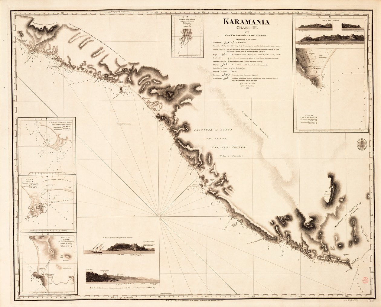 Karamania Carta III del Cabo Karaboornoo al Cabo Anamour de Francis Beaufort