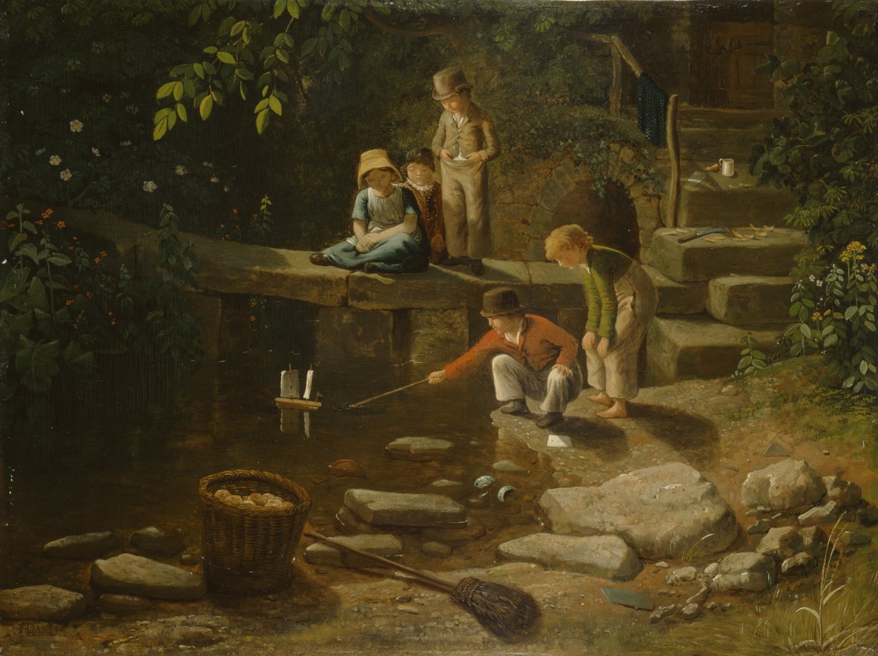 Niño navegando un pequeño barco de Francis Danby