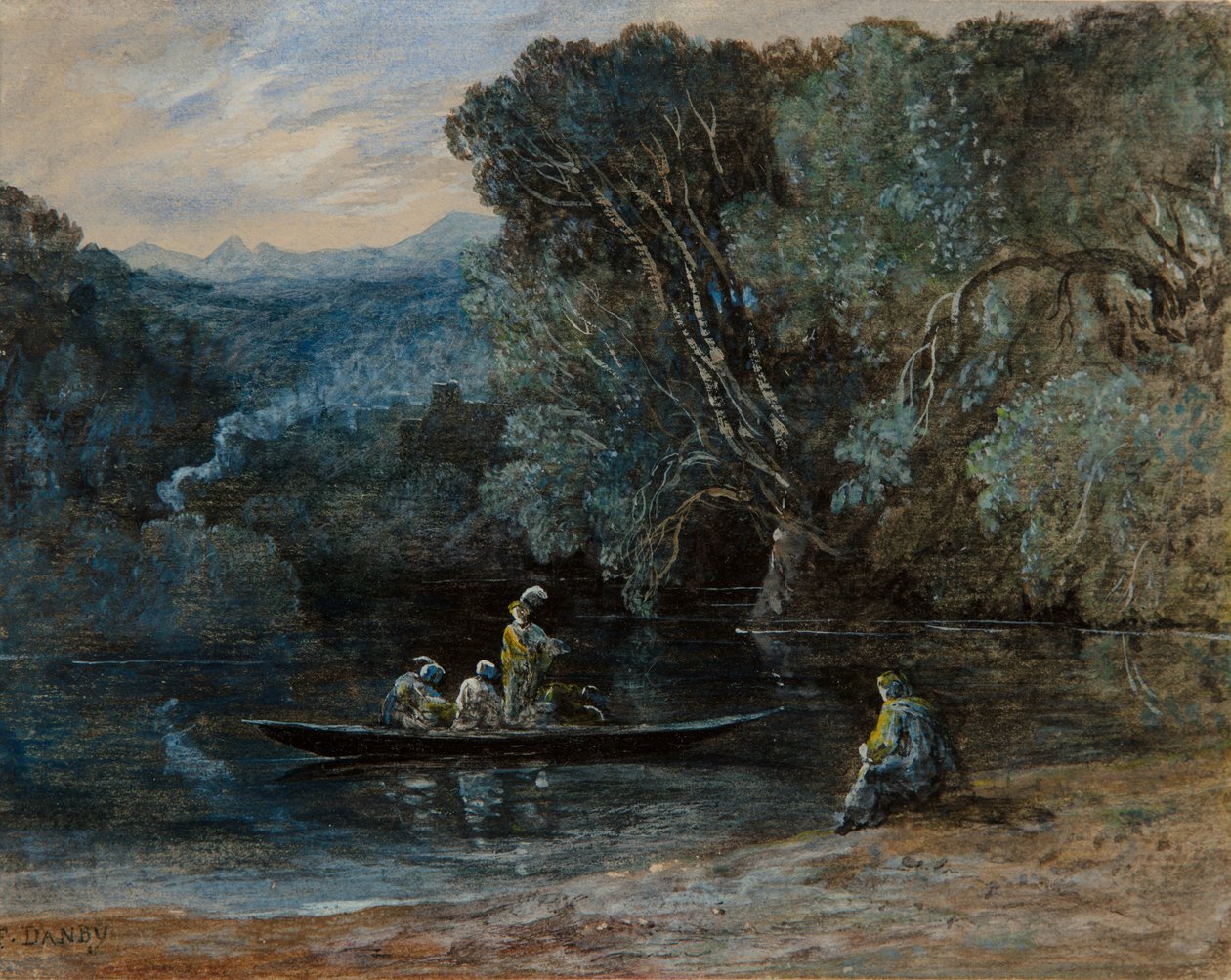 Escena de río con barco y figuras, c.1825 de Francis Danby