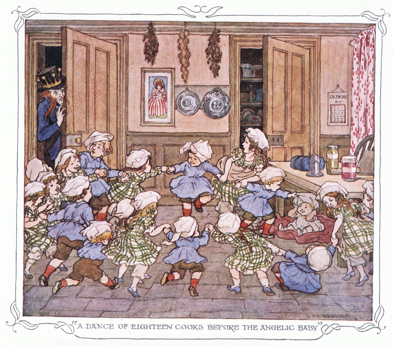 "Un baile de dieciocho cocineras ante el bebé angelical", de The Magic Fishbone pub.by Warne  Co, c.1940 (litografía en color). de Francis Donkin Bedford