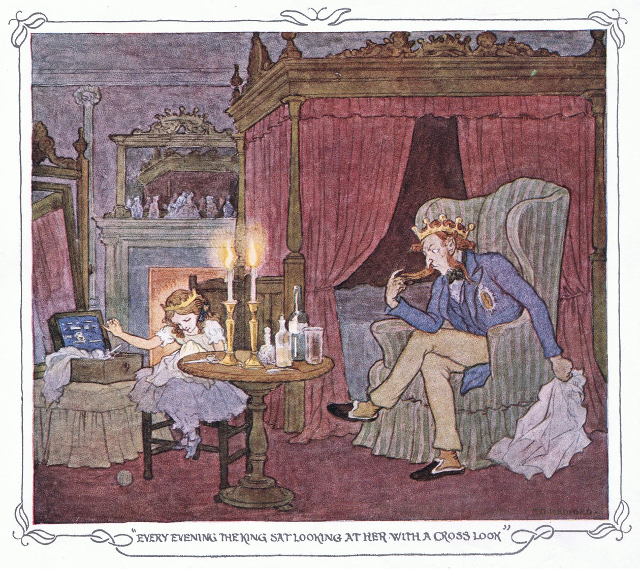 Todas las noches el rey se sentaba a mirarla con cara de asco, de The Magic Fishbone pub.by Warne  Co, c.1940 (litografía en color). de Francis Donkin Bedford