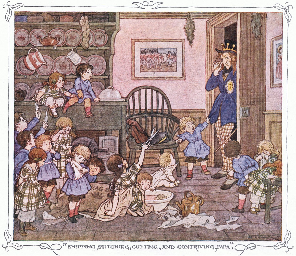 "Snipping, stitching, cutting and contriving, Papa", de The Magic Fishbone pub.by Warne  Co, c.1940 (litografía en color). de Francis Donkin Bedford