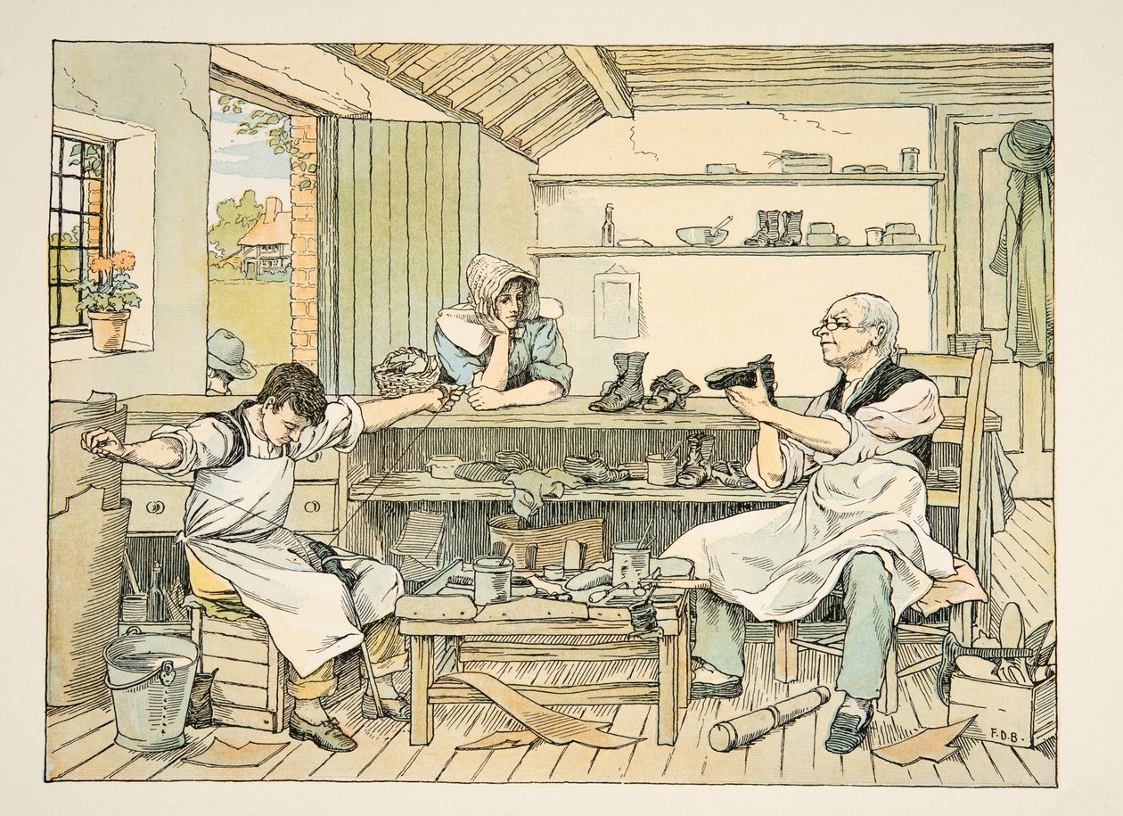 El zapatero, de Four and Twenty Toilers, pub. 1900 (litografía en color) de Francis Donkin Bedford
