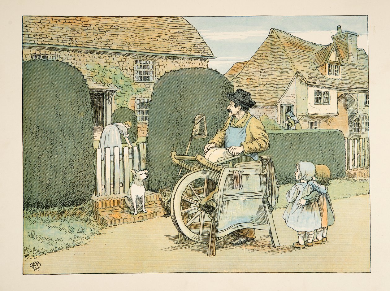 El afilador de cuchillos, de Four and Twenty Toilers, pub. 1900 (litografía en color) de Francis Donkin Bedford