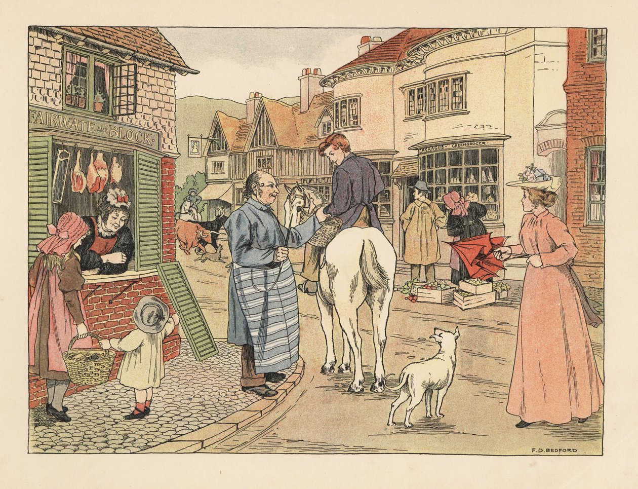 Carnicero victoriano y mozo de carnicería a caballo en la calle de un pueblo. Cromolitografía según una ilustración de Francis Donkin Bedford de The Book of Shops de Edward Verrall Lucas. de Francis Donkin Bedford