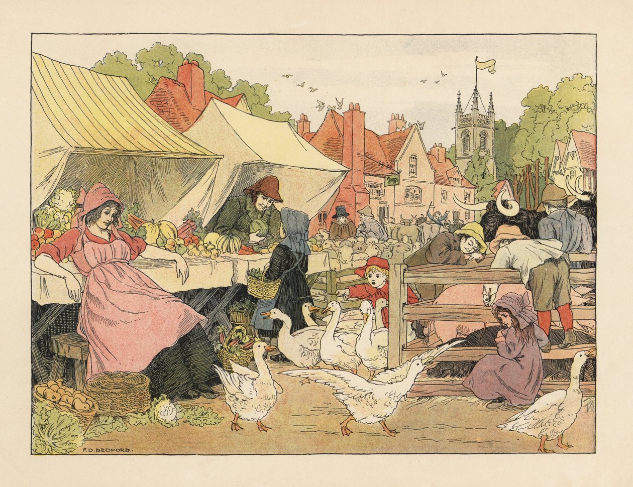 Niños victorianos comprando verduras, persiguiendo gansos y pinchando cerdos en un mercado de pueblo. Cromolitografía según una ilustración de Francis Donkin Bedford de The Book of Shops de Edward Verrall Lucas. de Francis Donkin Bedford