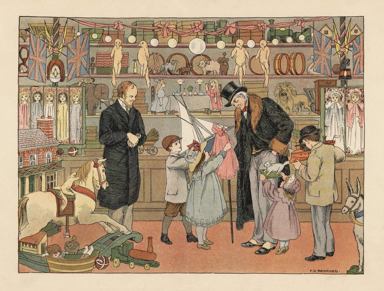 Niños victorianos eligiendo juguetes con su tío en una juguetería. Cromolitografía según una ilustración de Francis Donkin Bedford de The Book of Shops de Edward Verrall Lucas. de Francis Donkin Bedford