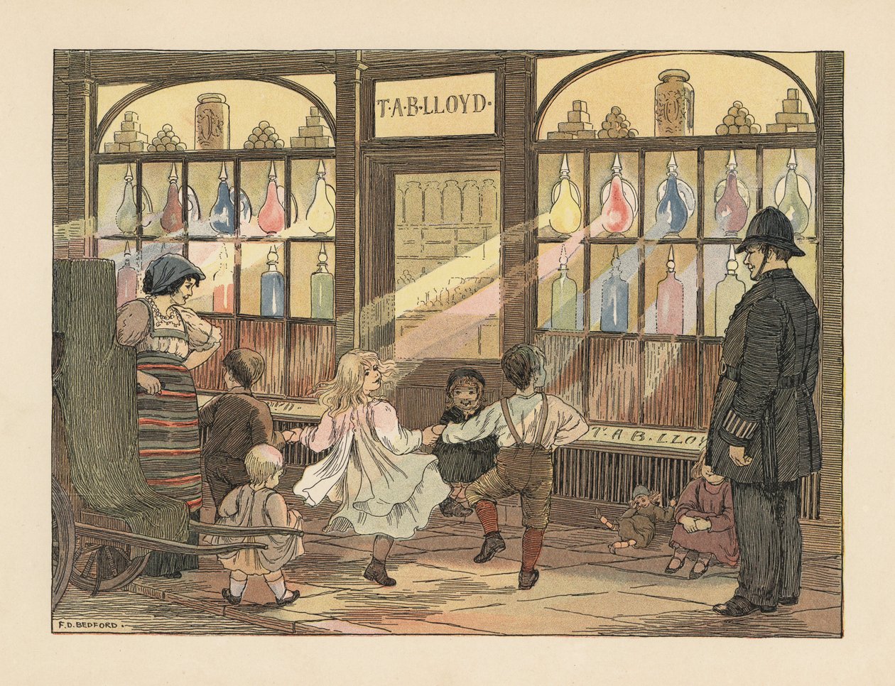 Niños victorianos bailando delante de una farmacia mientras un policía los observa. Cromolitografía a partir de una ilustración de Francis Donkin Bedford de The Book of Shops de Edward Verrall Lucas. de Francis Donkin Bedford
