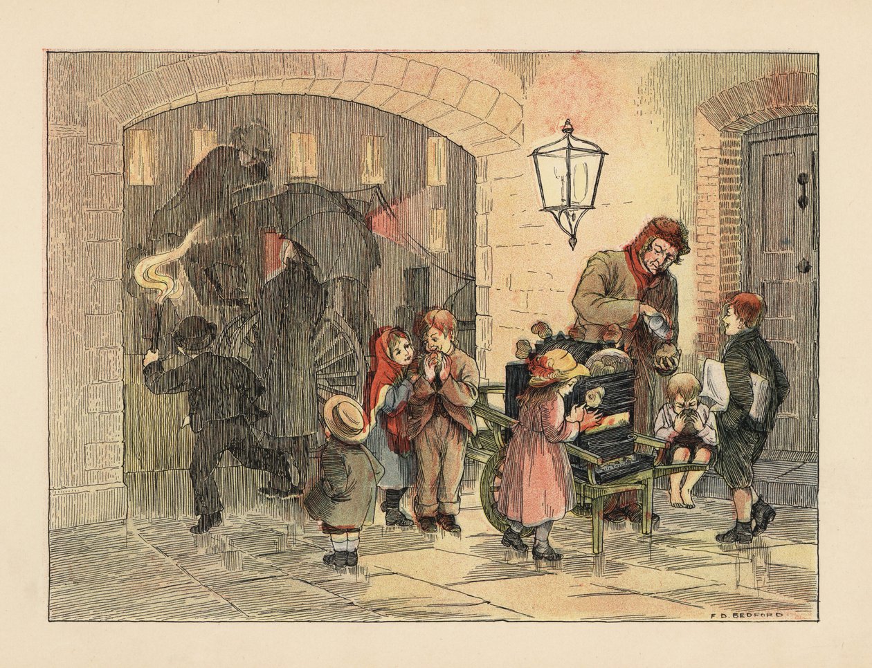 Niños victorianos comiendo patatas calientes del hombre de las patatas calientes. En el fondo, personas con paraguas suben a un carruaje bajo la lluvia. Cromolitografía a partir de una ilustración de Francis Donkin Bedford de The Book of Shops de Edward Ve de Francis Donkin Bedford
