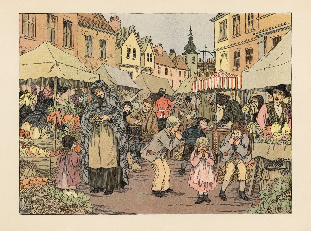 Niños victorianos comiendo naranjas de los puestos de frutas y verduras de un mercado del East End londinense. Cromolitografía según una ilustración de Francis Donkin Bedford de The Book of Shops de Edward Verrall Lucas. de Francis Donkin Bedford