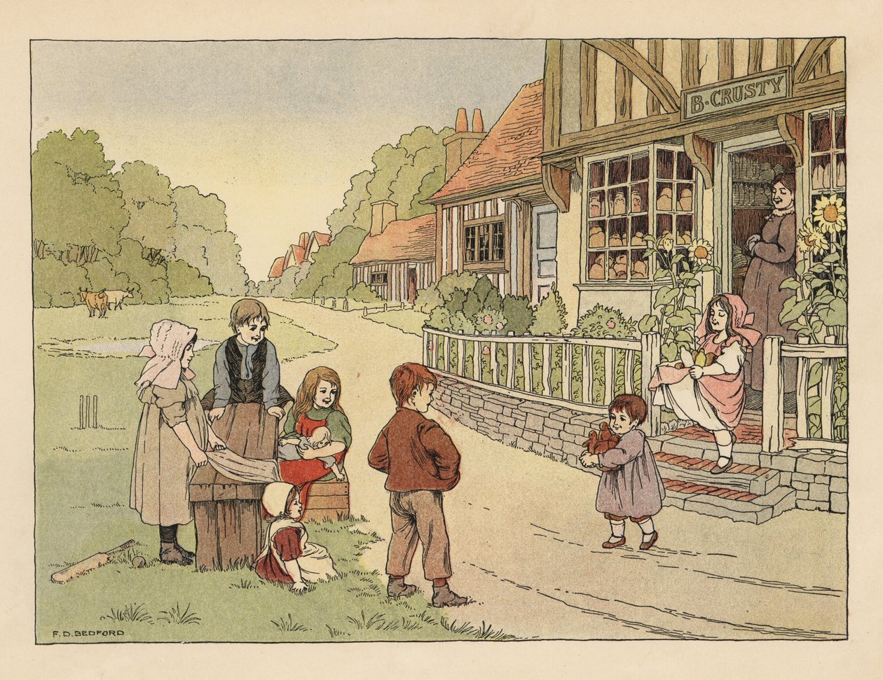 Niños victorianos en el exterior de la panadería del pueblo B. Crusty. Cromolitografía según una ilustración de Francis Donkin Bedford de The Book of Shops de Edward Verrall Lucas. de Francis Donkin Bedford