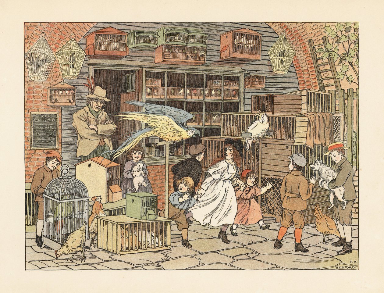 Niños victorianos jugando con loros y cacatúas en la pajarería o tienda de animales. Cromolitografía según una ilustración de Francis Donkin Bedford de The Book of Shops de Edward Verrall Lucas. de Francis Donkin Bedford