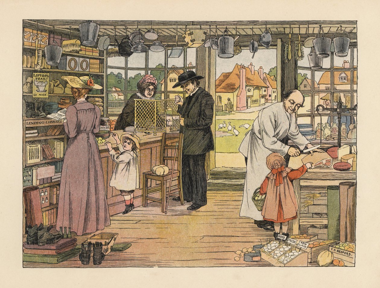 Clientes victorianos comprando jamón, libros y giros postales en la tienda del pueblo. Cromolitografía a partir de una ilustración de Francis Donkin Bedford de The Book of Shops de Edward Verrall Lucas. de Francis Donkin Bedford