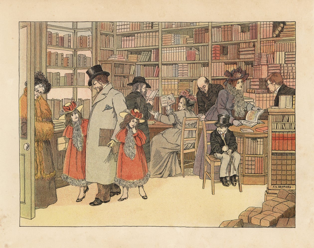 Clientes victorianos en una librería. Cromolitografía según una ilustración de Francis Dorkin Bedford de la obra de Edward Verrall Lucas The Book of Shops, Grant Richards, Londres. de Francis Donkin Bedford