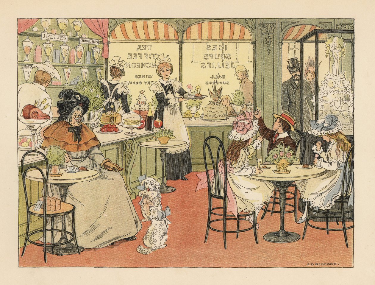 Clientes victorianos en una tetería y confitería. Cromolitografía según una ilustración de Francis Donkin Bedford de The Book of Shops de Edward Verrall Lucas. de Francis Donkin Bedford